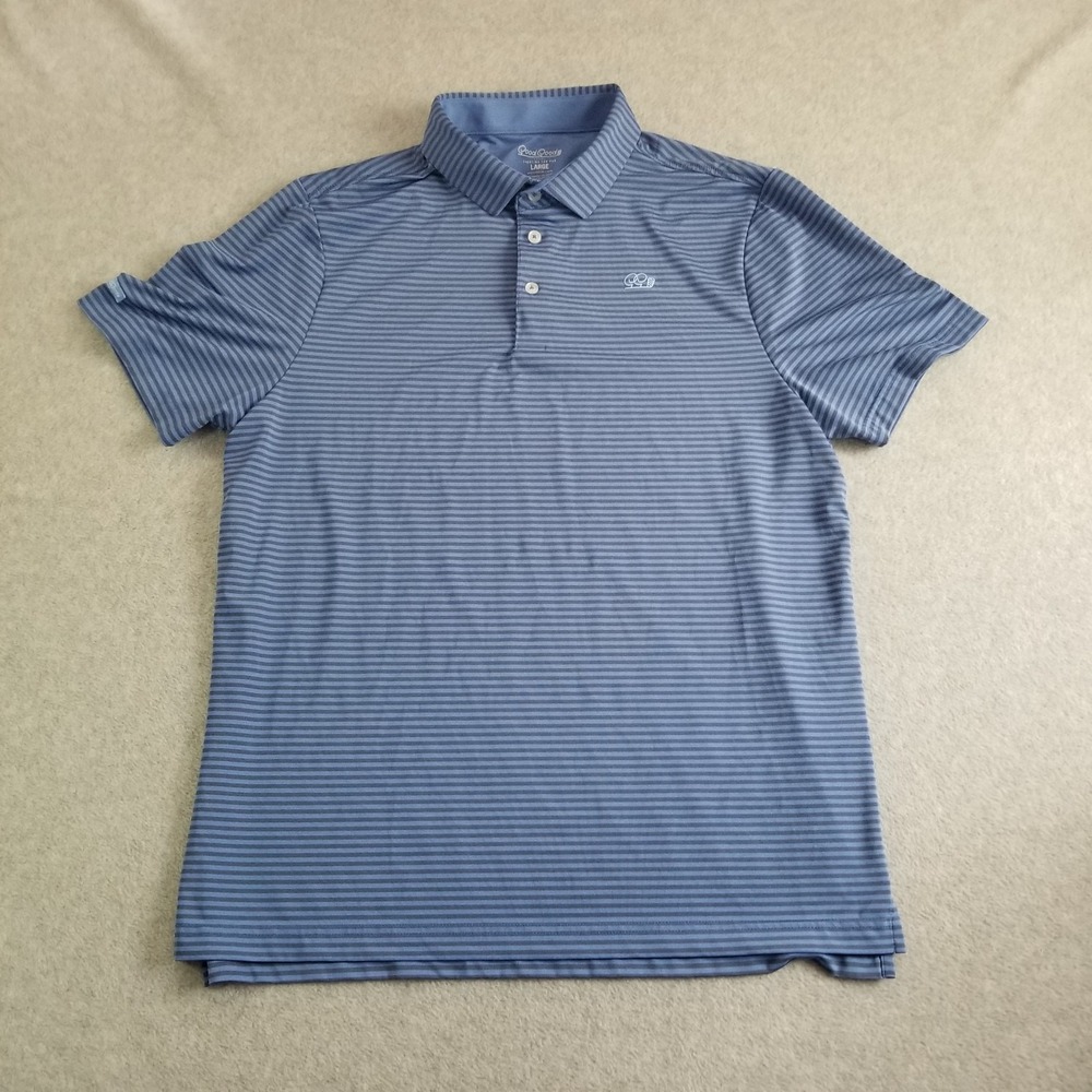 Good Good Golf Polo Mens Large Blue Striped Shirt Short Sleeve Spandex Stretch